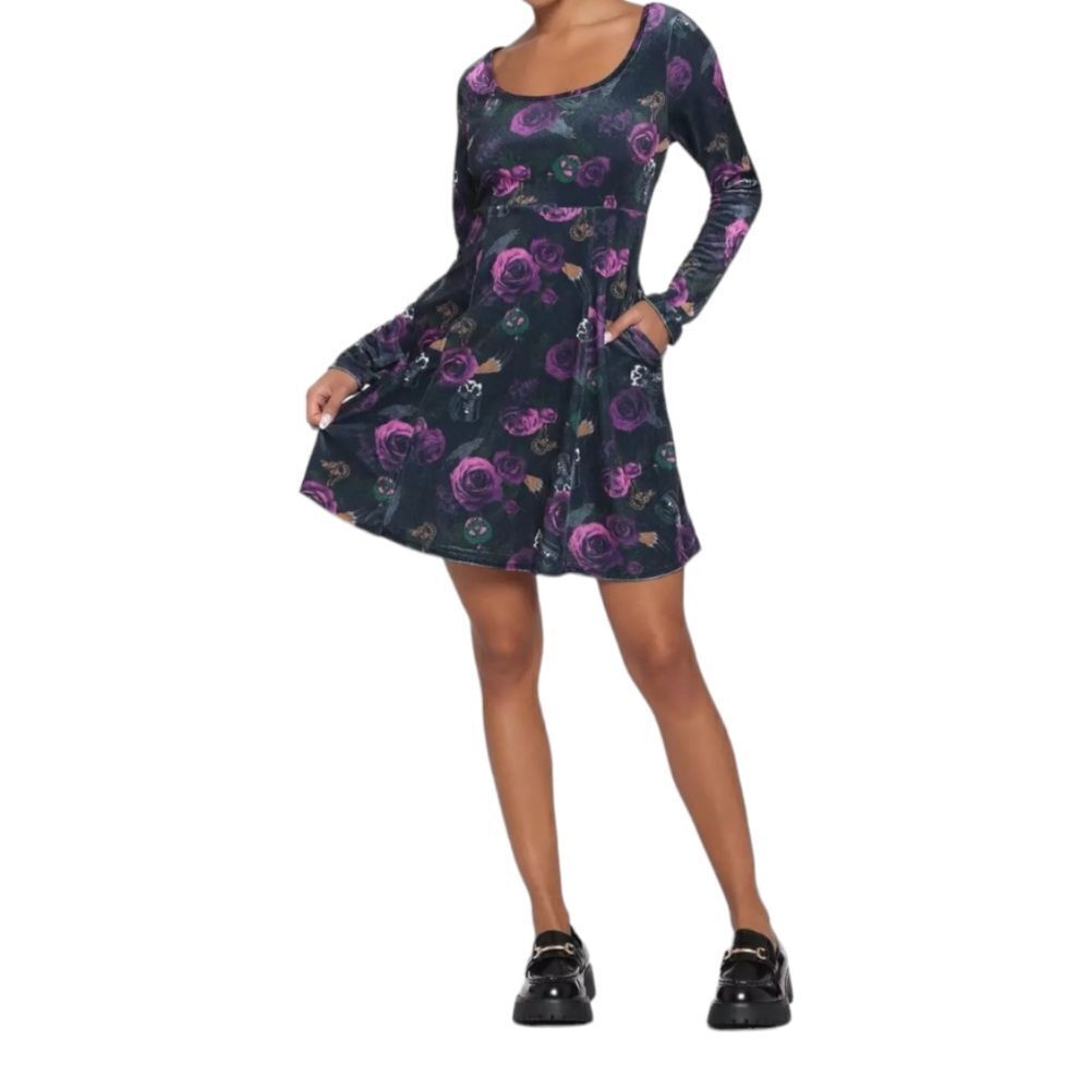 DISNEY Villains Hot Topic velvet long sleeve floral icons skater dress L